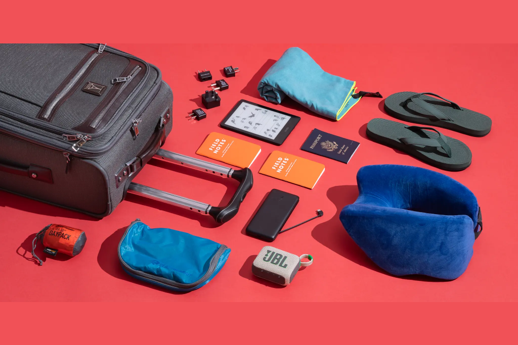 travel accessories laid out on table